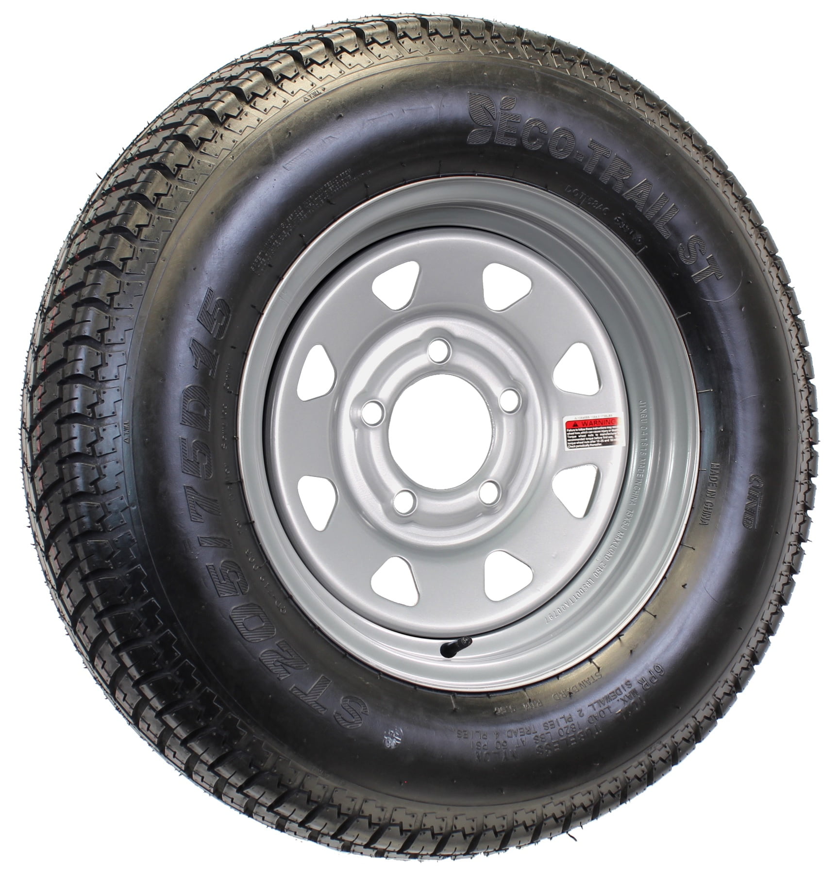 Trailer Tire On Silver Rim ST205/75D15 Load Range C 5 Lug On 4.5 15 x 5 15 Inch 5 On 4.75 Trailer Wheels