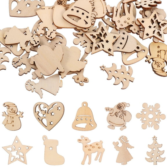 LOLIPPYY 100pcs Christmas Wooden Cutouts Wood Slices Xmas Wood Cutouts Mixed Style