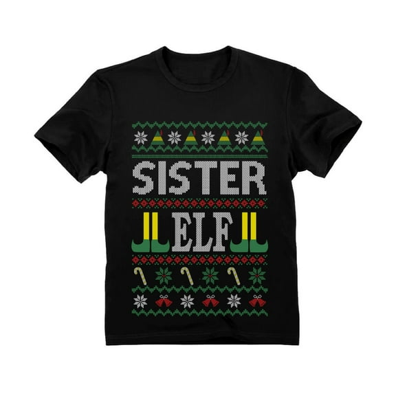Tstars Girls Ugly Christmas Sister Elf Family Kids Christmas Gift Funny Humor Holiday Shirts Xmas Party Christmas Gifts for Girl Youth Kids T Shirt.