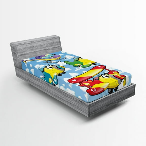 Ambesonne Cartoon Fitted Sheet, Airplanes Sky, Twin XL Size, Multicolor