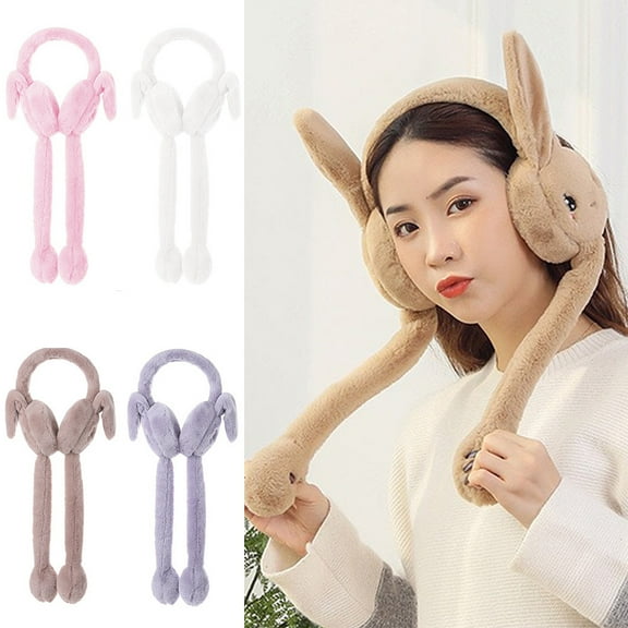 Visland Women Moving Earmuff, Fashion Casual Solid Color Cute Rabbit Ear Design Soft Cozy Plush Winter Ear Warmmer for Cold Weather Outdoor Daily Wear