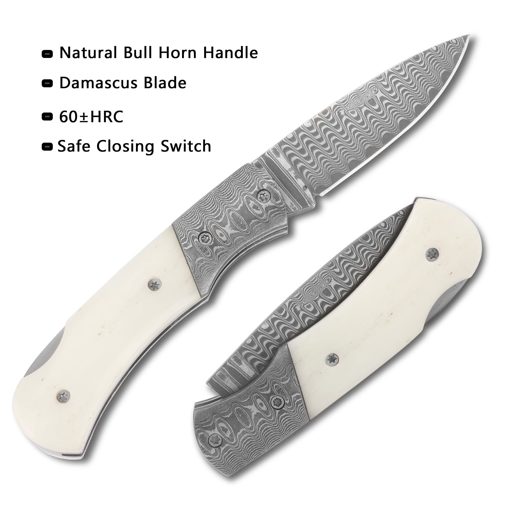 YOUSUNLONG Folding Knife - Camping Knife Overall 140mm Japanese Damascus Steel Bull Bone Handle