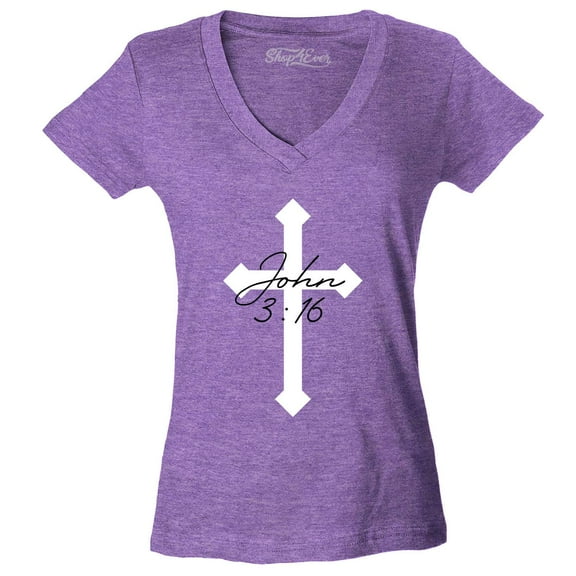 Shop4Ever Women's John 3:16 Bible Verse Script Cross Slim Fit V-Neck T-Shirt Large Heather Purple