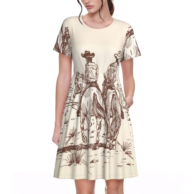 Balery Cowboys Riding Horses Vestidos sueltos de manga corta para mujer, vestidos de verano 2025, vestidos casuales de corte A con vuelo.