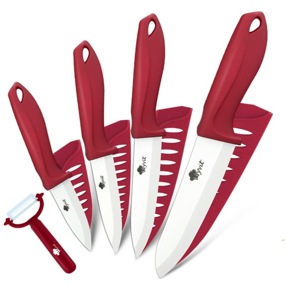 Ceramic Knife Set 5-Piece Sharp Chef Knives   One Peeler Non Rust White Blade with Sheaths 6-inch Serrated Bread Knife Non Rust Advantage Slicer
