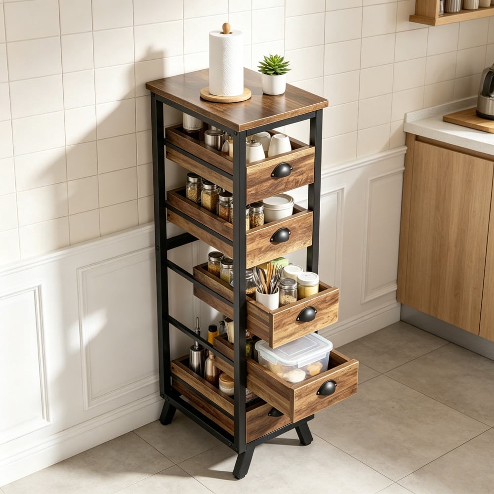 5-Drawer Pull Out Fruit Vegetable Storage Rack, MDF & Metal Produce Organizer, Each Drawer Holds 15LBS, Multipurpose Kitchen Snack Book Display Stand