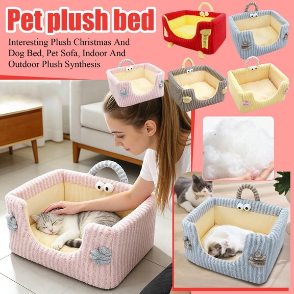 20X20X8 Inch Soft Plush Pet Bed, Cozy Rectangular Cuddler With Colorful / Vibrant Design Handle, Non-Slip Bottom, Machine Washable, Warm Comfortable Sleeping Nest For Indoor Outdoor Cats, Dogs, Small