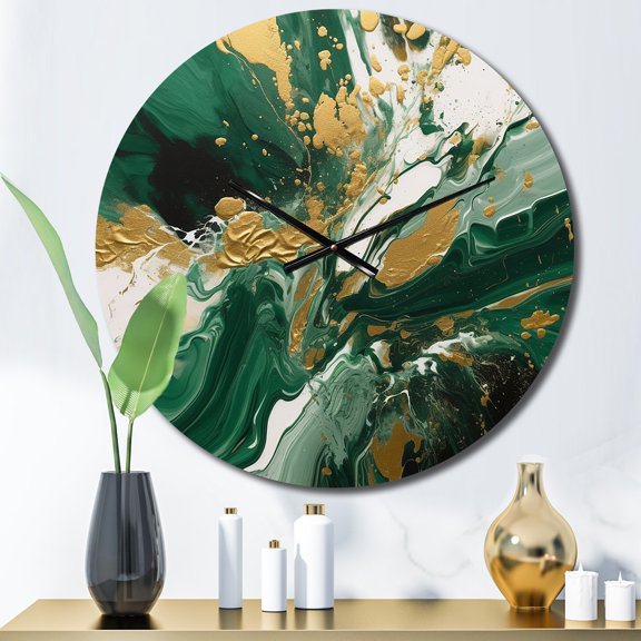 Designart "Liquid Magic in Green and Gold I" Abstract Oversized Wall Clock
