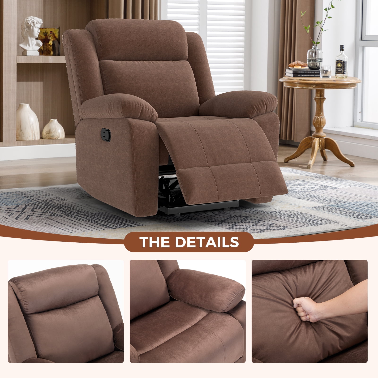 Bonzy Home Extra Wide Manual Recliner Chair in Soft Brown Fabric,Overstuffed Recliner, Brown