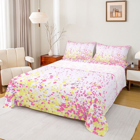 Feelyou Pink Yellow Polkadot Full Size Sheets for Teen, Modern Art Watercolor Bed Sheets, Fashion Abstract Sheet Sets, Super Cozy Room Decor, 4pcs