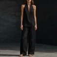 thumbnail image 4 of Textilo Women's Cotton Linen 2 Piece Sets Sleeveless V Neck Halter Top and Wide Leg Pants Solid Color Outfit Trendy 2026 Breathable Summer Travel Casual Wear,Black XL, 4 of 5