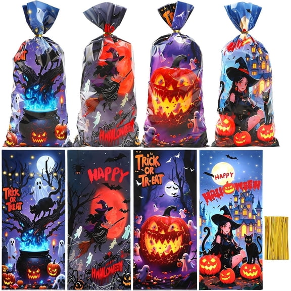 Halloween Cellophane Bags, 100 count Trick or Goodie Candy Cookie Bags, Plastic Halloween Snack Bag with Twist Ties for Holiday Trick or Treating Party Favors Supplies