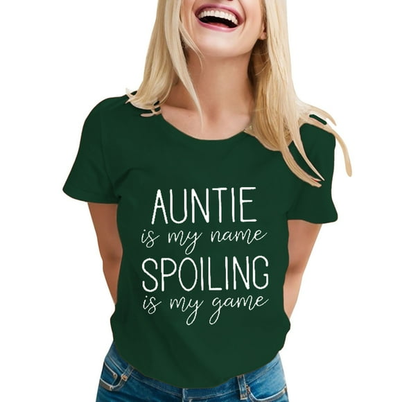 LUOGENLI Female T-shirts for Womens Auntie Is My Name Spoiling Is My Game Shirt for Women Funny Letter Print Tee Aunt Casual Short Sleeve T Shirt T-shirts for Women Graphic Tee Valentines Green M
