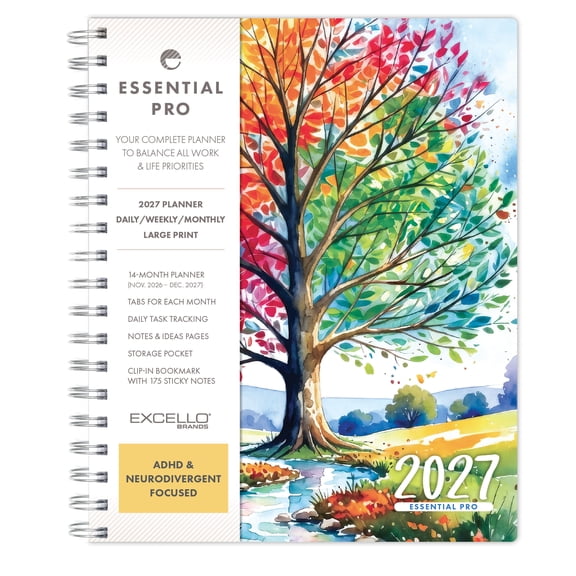 Excello Essential Pro 2027 Weekly & Monthly Planner, 7" x 9", 14-Month Calendar Nov 2026-Dec 2027, Monthly Tabs, Notes Pages, Storage Pocket, Bookmark & Sticky Notes, Tree Seasons