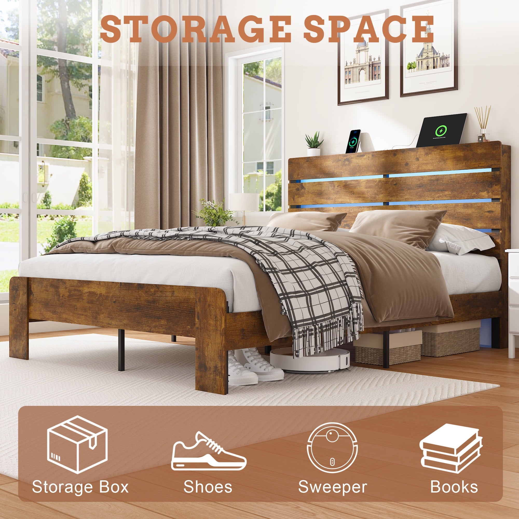 Wood Queen Bed Frame with Headboard, Holaki Rustic Farmhouse Platform Bed Frame with USB Port & LED Lights, Heavy-Duty Wood & Metal Frame, No Box Spring Needed, Easy Assembly