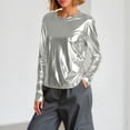 thumbnail image 2 of GEWSEY Metallic Tops for Women Long Sleeve Shimmer Disco Party T-Shirt Slim Going Out Club Sparkly Blouses Concert Outfit (Silver, M), 2 of 8