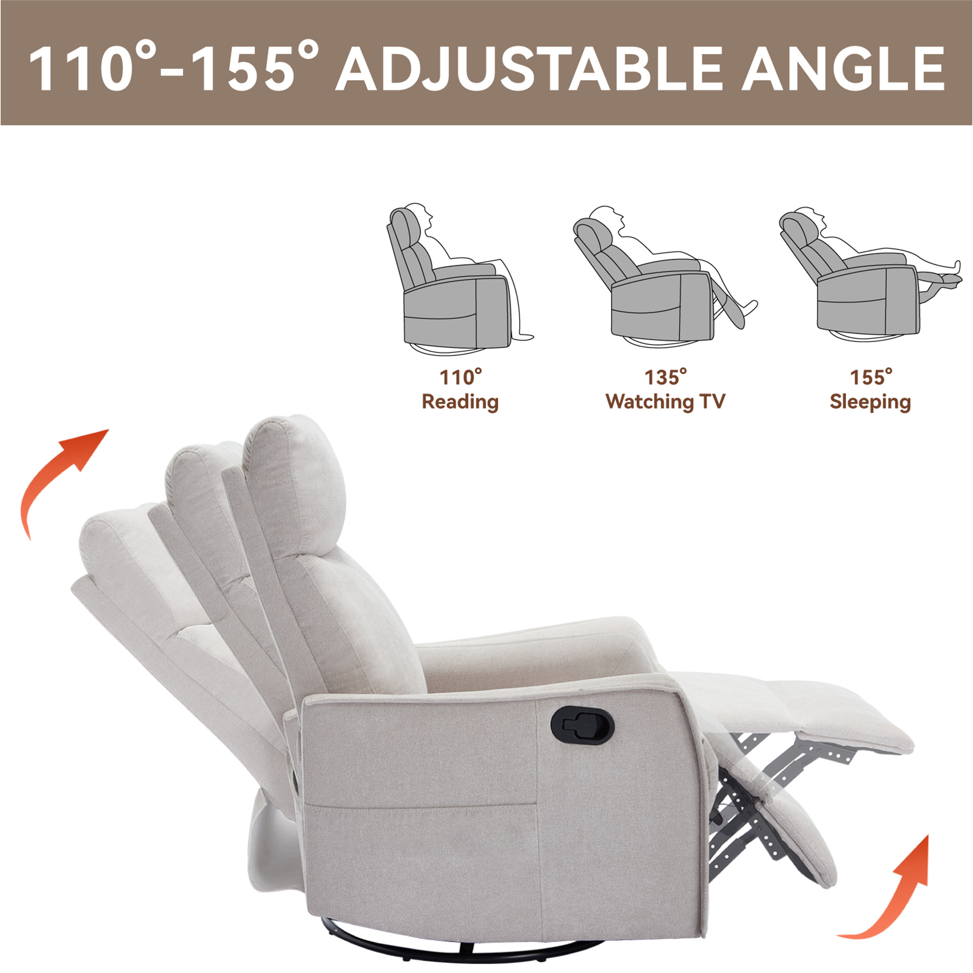 Aukfa Swivel Rocker Recliner Glider Chair with Heat & Massage for Adults, Living Room, Beige