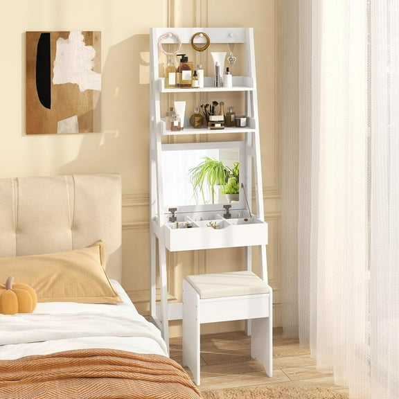 LOKO Vanity Desk with Flip-up Mirror & Stool, Makeup Vanity Set with 3-Color Lighting, 6 Compartments, 2 Storage Shelves & 3 Upper Hooks, Space-Saving Vanity Table Set for Bedroom, Studio