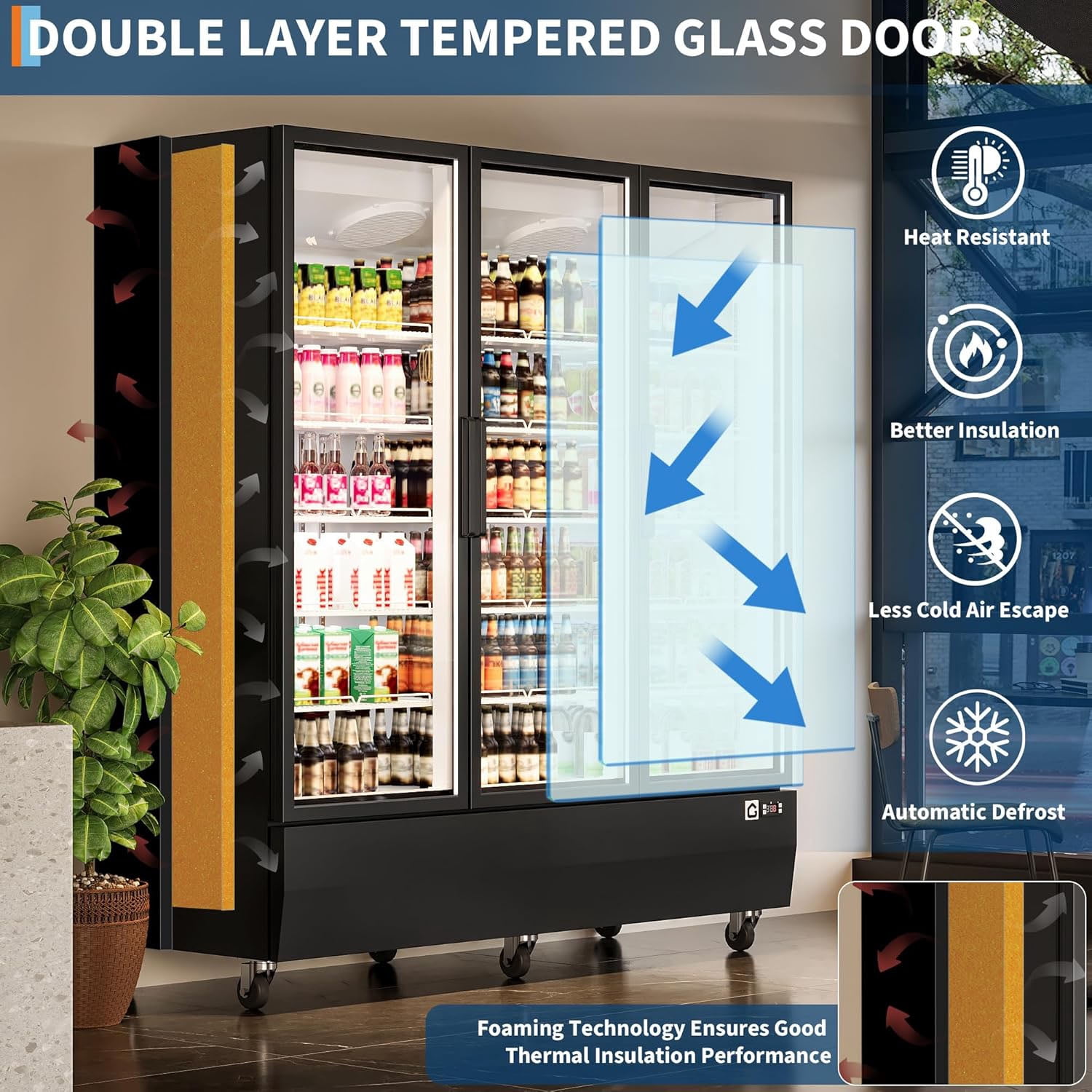 Commercial Display Refrigerator 56.6 Cu.Ft 3 Glass Door Beverage Cooler with Soft LED Lighting, 8 Heavy-Duty Castors,Upright Beverage Fridge with Fan Cooling Perfect for Restaurants, Convenience Store