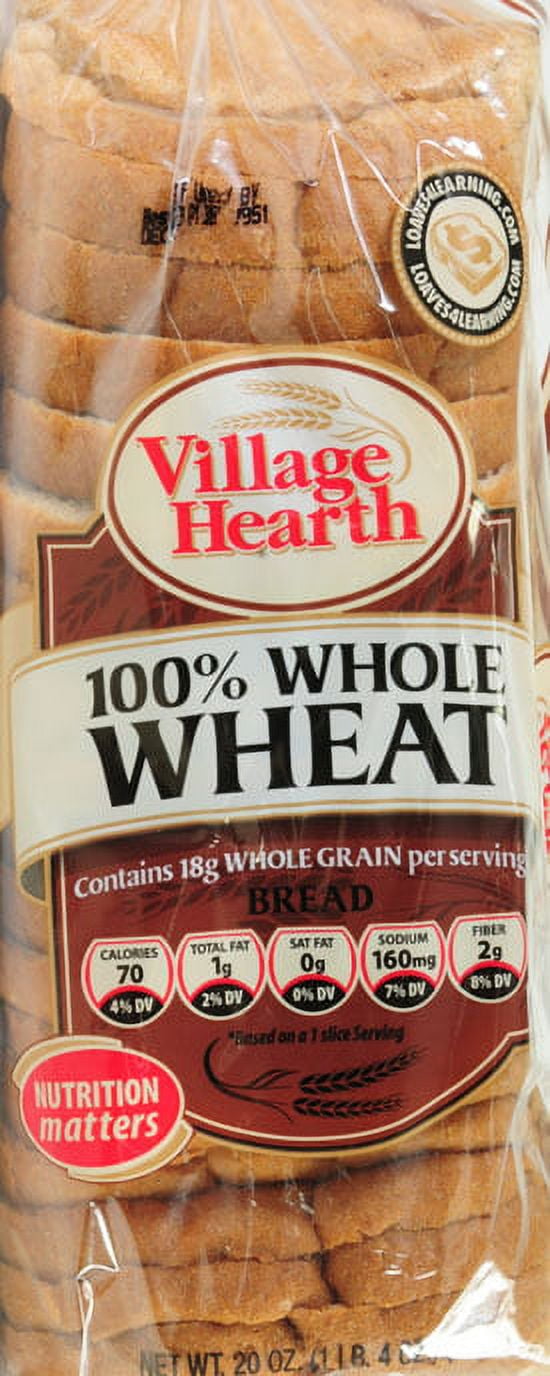 Village Hearth 100% Whole Wheat Bread Loaf, 20 oz, 20 Count