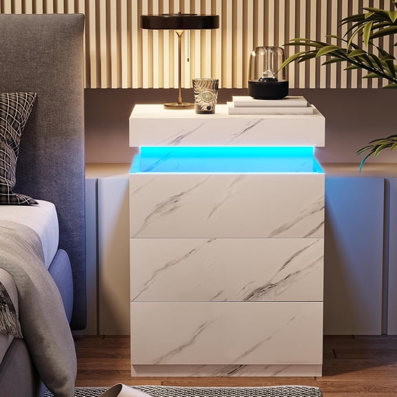 Nightstand with Charging Station and LED Lights,Night Stand with Sliding Top for Bedroom,Bedside Table with Drawers,Modern End Side Table,White Marble