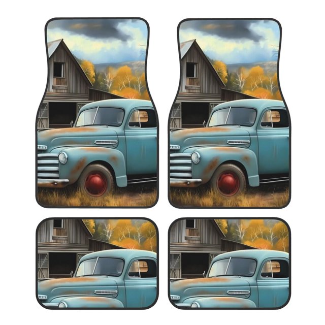 Balery Vintage Truck Farm Scene Juego de 4 Alfombrillas para Auto, Revestimientos de Caucho Resistente, Diseño Antideslizante