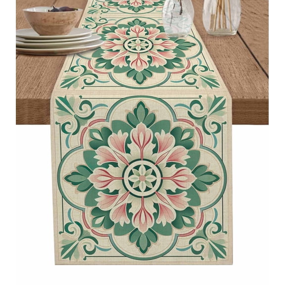 Ldtrchee Pink Green Flower Table Runner 72 Inches, Elegant Spring Floral Abstract Art Bed Runner Dresser Scarves Tabletop for Indoor Outdoor Parties/Ceremony/Banquet, 14" x 72"