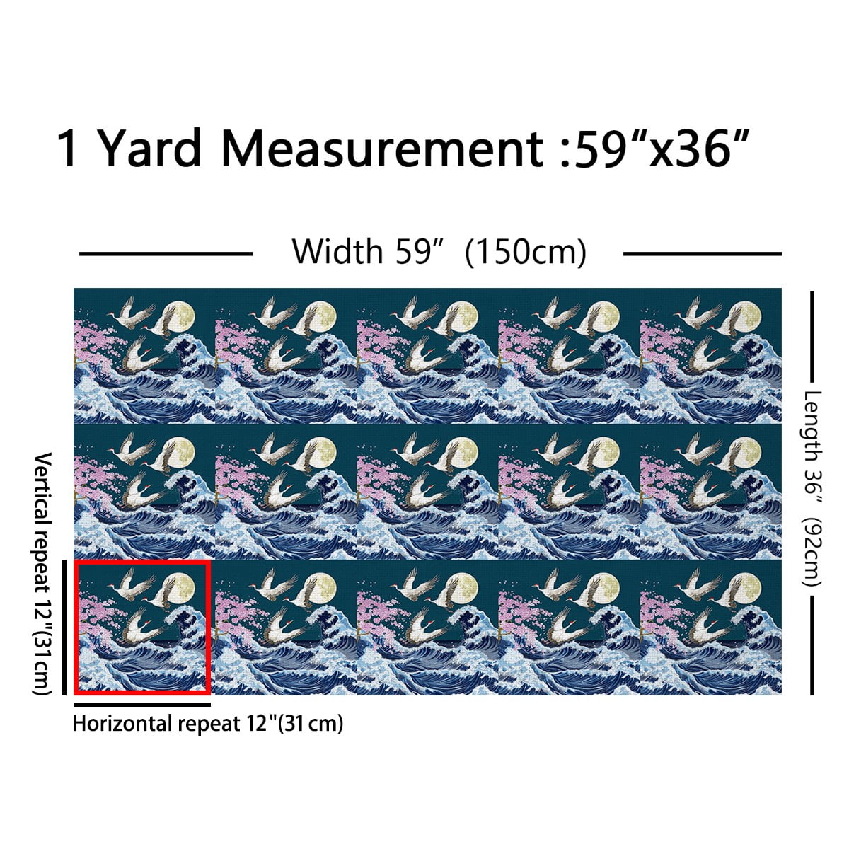 Manfei Japanese Ukiyoe Sewing & Crafting Fabric (2 Yards), Oriental Crane Print Home Decor Fabric by the Yard, Ocean Wave Moon DIY Fabric