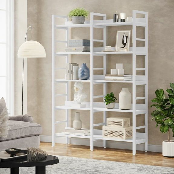 Finmind 5-Tier Industrial Bookshelf, 71 Inch Tall Freestanding Etagere Bookcase for Storage and Display, Wood and Metal Bookshelves for Living Room Home Office, White