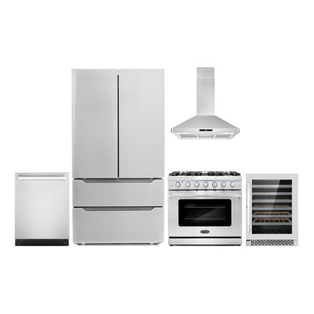 Cosmo 5 Piece Kitchen Appliance Packages with 36  Freestanding Gas Range 36  Island Range Hood 24  Built-in Fully Integrated Dishwasher French Door Refrigerator & 48 Bottle Wine Refrigerator