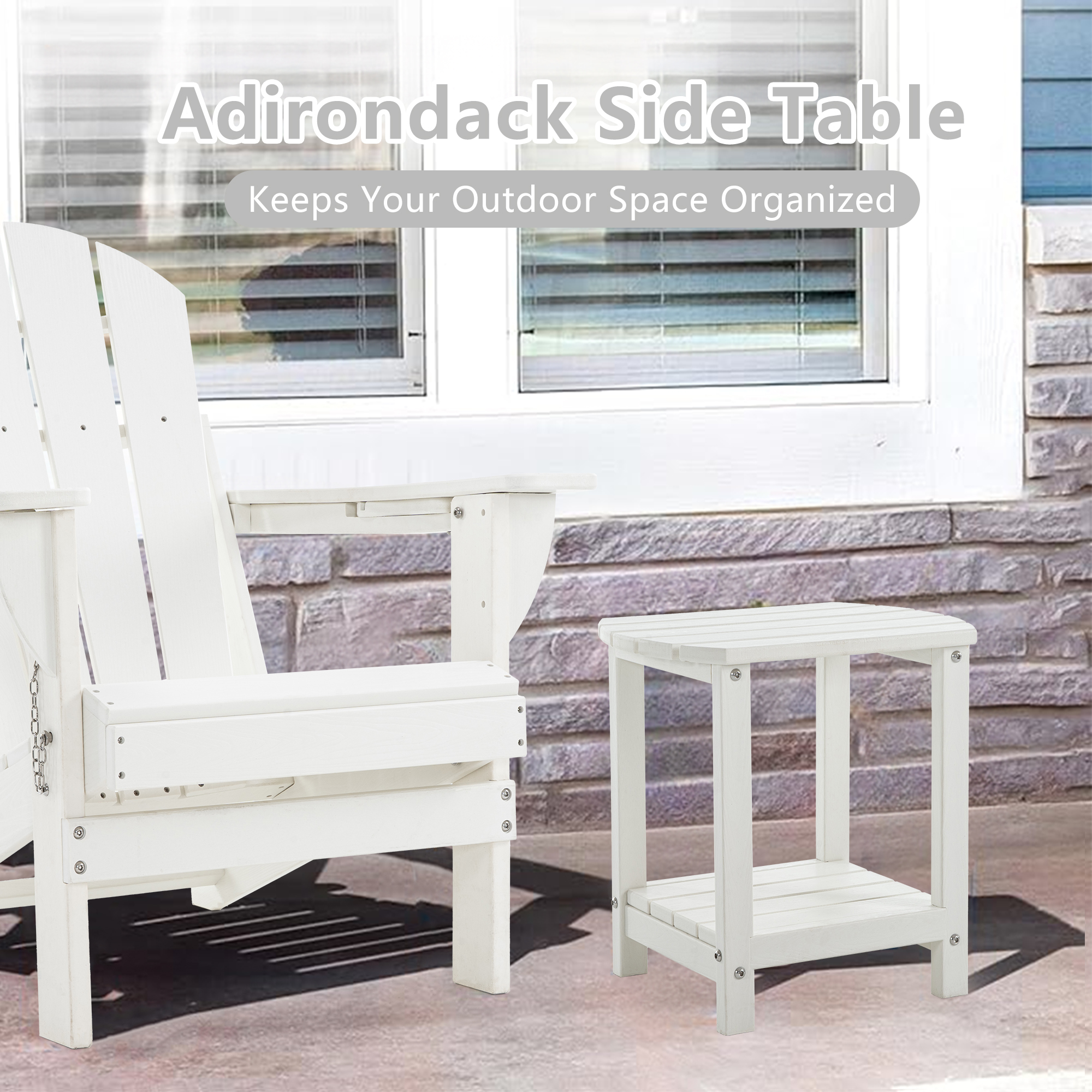 ENYLAY Adirondack Small Outdoor Side Table , Weatherproof HDPE Patio End Table with 2-Tier Storage for Firepit, Balcony, Garden, Poolside or Bathroom (White, Set of 2)
