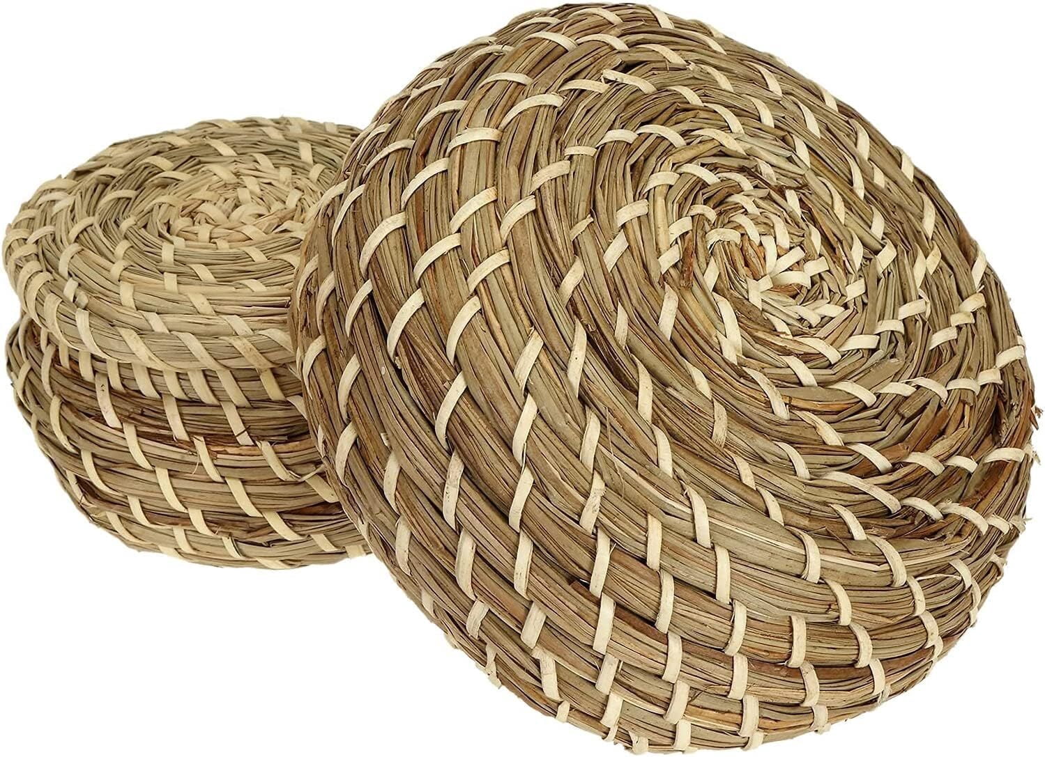 LQQBOX Set of 3 Small Wicker Basket with Lid, Round Woven Seagrass Baskets, Little Handmade Rattan Storage Basket Box for Shelf, Home, Bathroom Decor