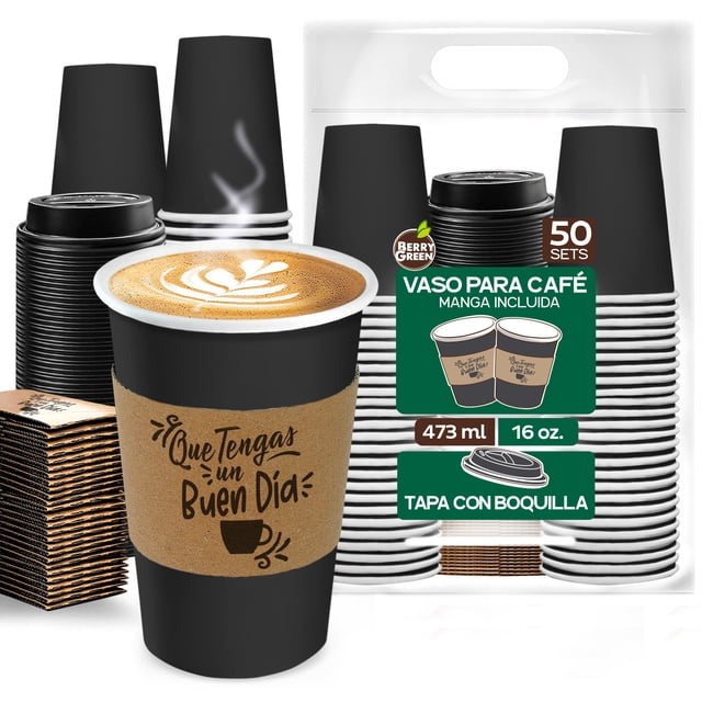 Berry Green 50 Vasos Negros para Café Resistentes con Tapa y Manga Protectora, Perfectos para Café, Té y Bebidas Calientes, sin Derrames, Biodegradables (16 Onzas)