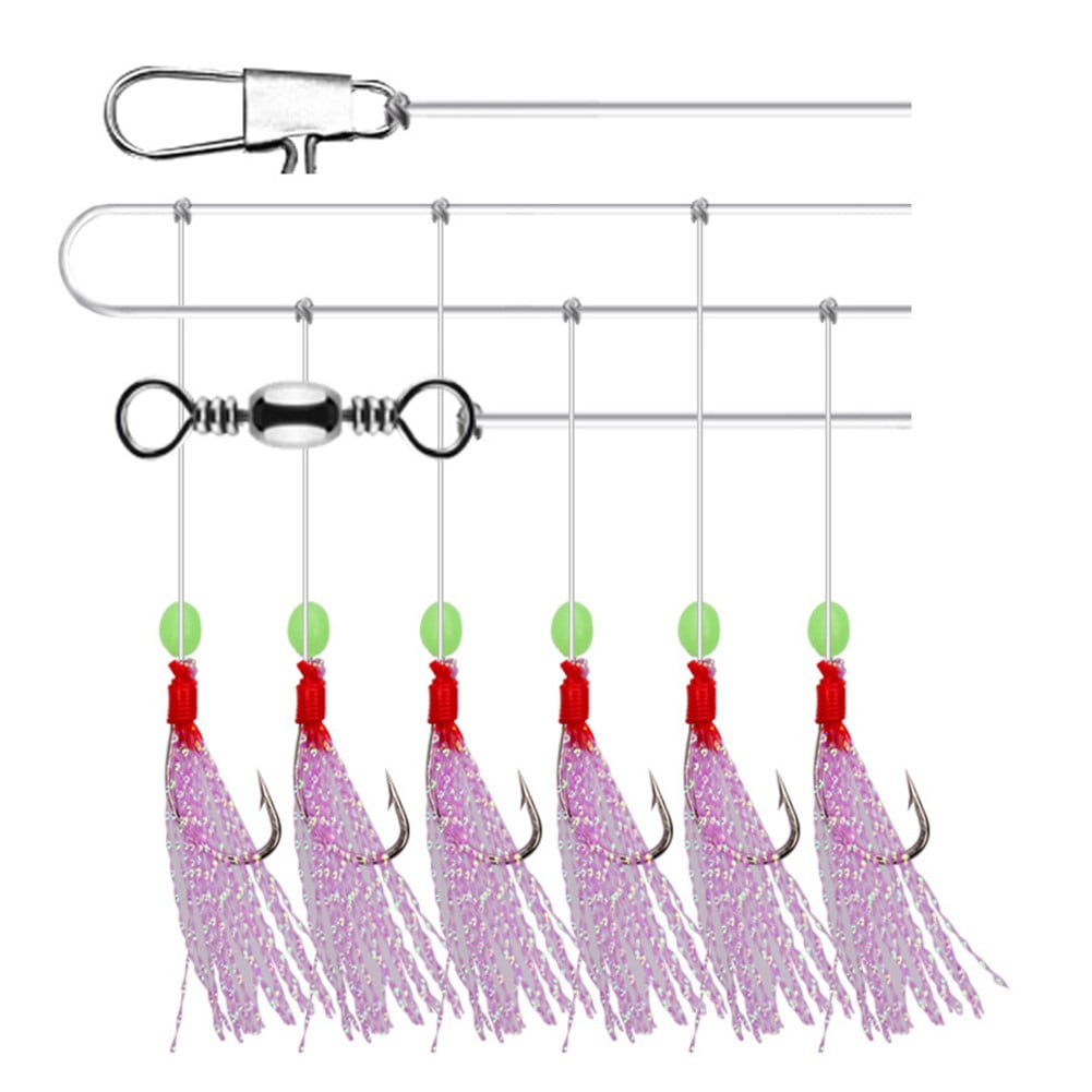 OCEAN CAT 10 Packs Feather Fish Skin 6 Hooks Fishing Rigs with String Hooks OceanCat 10Packs 6 Hook⁄Set Bait Rigs Saltwater, Dominican