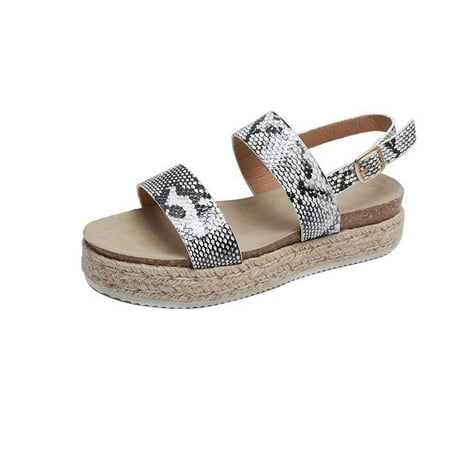 

Alueeu ladies shoes casual Summer Fashion Platform Woven Straw Round Toe Buckle Casual Sandals White 37