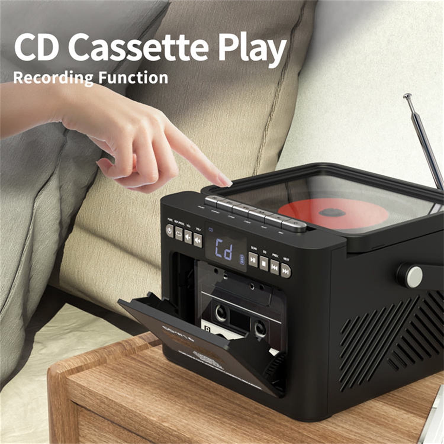 Jazmm 5000mAh Rechargeable CD Player Boombox Cassette Player Combo with Bluetooth, Speakers, Remote, FM, Music