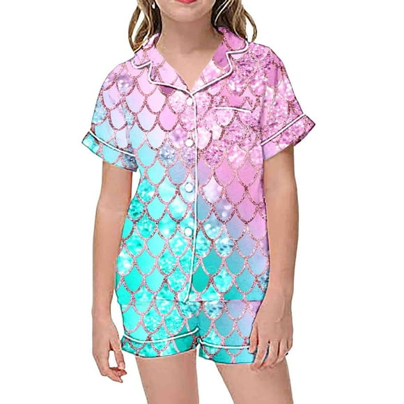 Toddler Girls Fashion Printed Button Down Lapel Short Sleeved Top Shorts Pajamas Set For Kids Vêtements Pour Enfants Size 4-5T