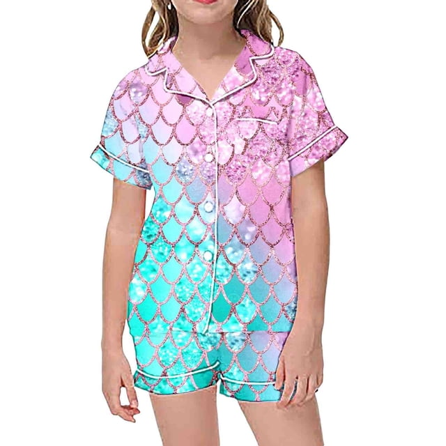 Ensemble de Pyjamas en Satin pour Garçons, Manches Courtes Imprimées, Pyjamas Boutonnés pour Filles, Ensemble de Pyjamas de Mode pour Garçons et Filles