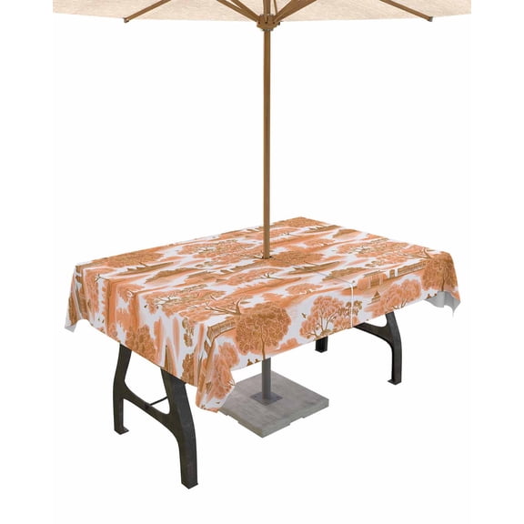 Outdoor Tablecloth with Umbrella Hole for Patio/Picnic/Party/Camping, Orange Garden Waterproof Table Cloth Rectangle Table Cover Washable, Modern Art Building Trees Boat Landscape 60"x 84"