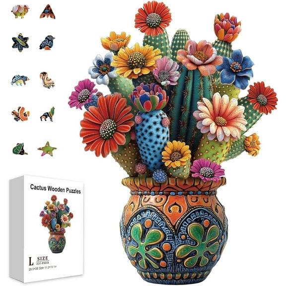 200Pcs Cactus Flowers Wooden Jigsaw Puzzles for Adult Learning Plant Flowers Wooden Puzzles Colorful Unique Shaped Wood Puzzles Birthday Gifts for Preschool Learning
