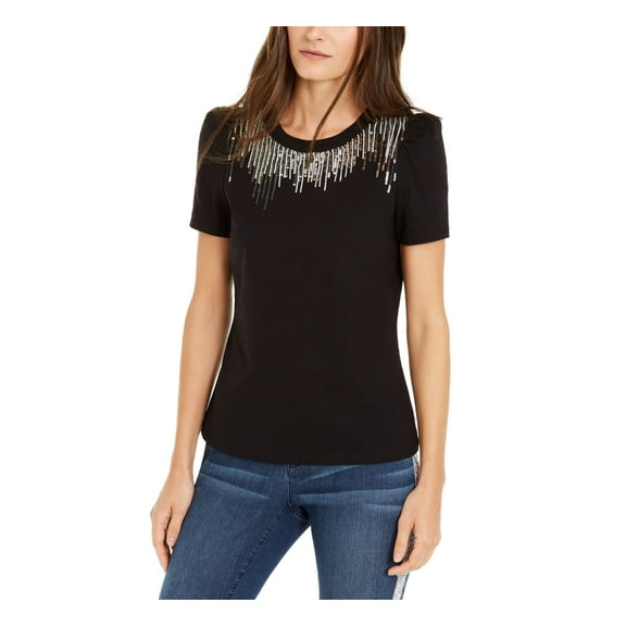 INC Womens Black Embellished Short Sleeve T-Shirt Size: S
