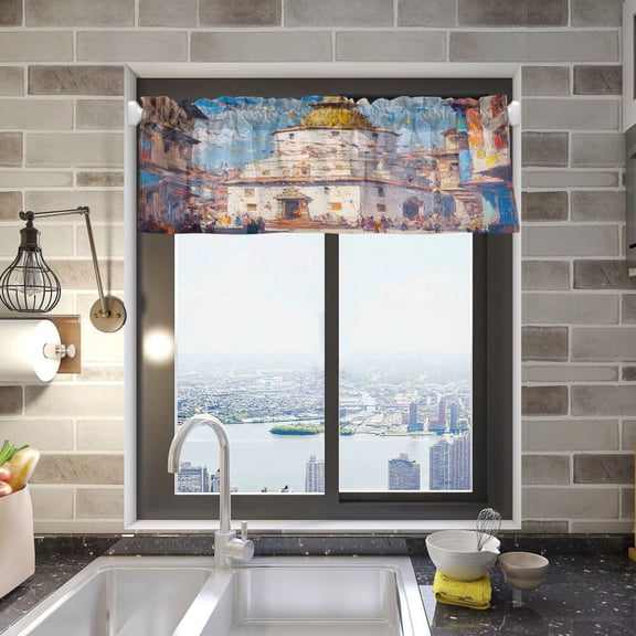 BZSMCE Alance Curtains Swayambhunath Tower Painting Design Modern Style Pattern Window Curtain Valance 52W" x 18L" for Kitchen Living Room Bedroom
