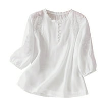 Patlollav Summer Tops for Women Casual Short Sleeve Round Neck Loose Cotton Linen Embroidery Shirts Blouse Up to 50% off