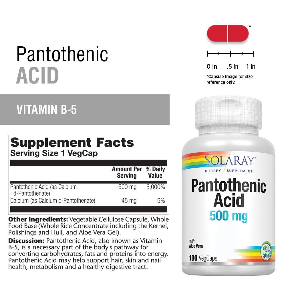Solaray Pantothenic Acid 500mg | Vitamin B-5 for Coenzyme-A Production &  Energy Metabolism | For Hair, Skin, Nails & Digestive Support | 100 VegCaps  