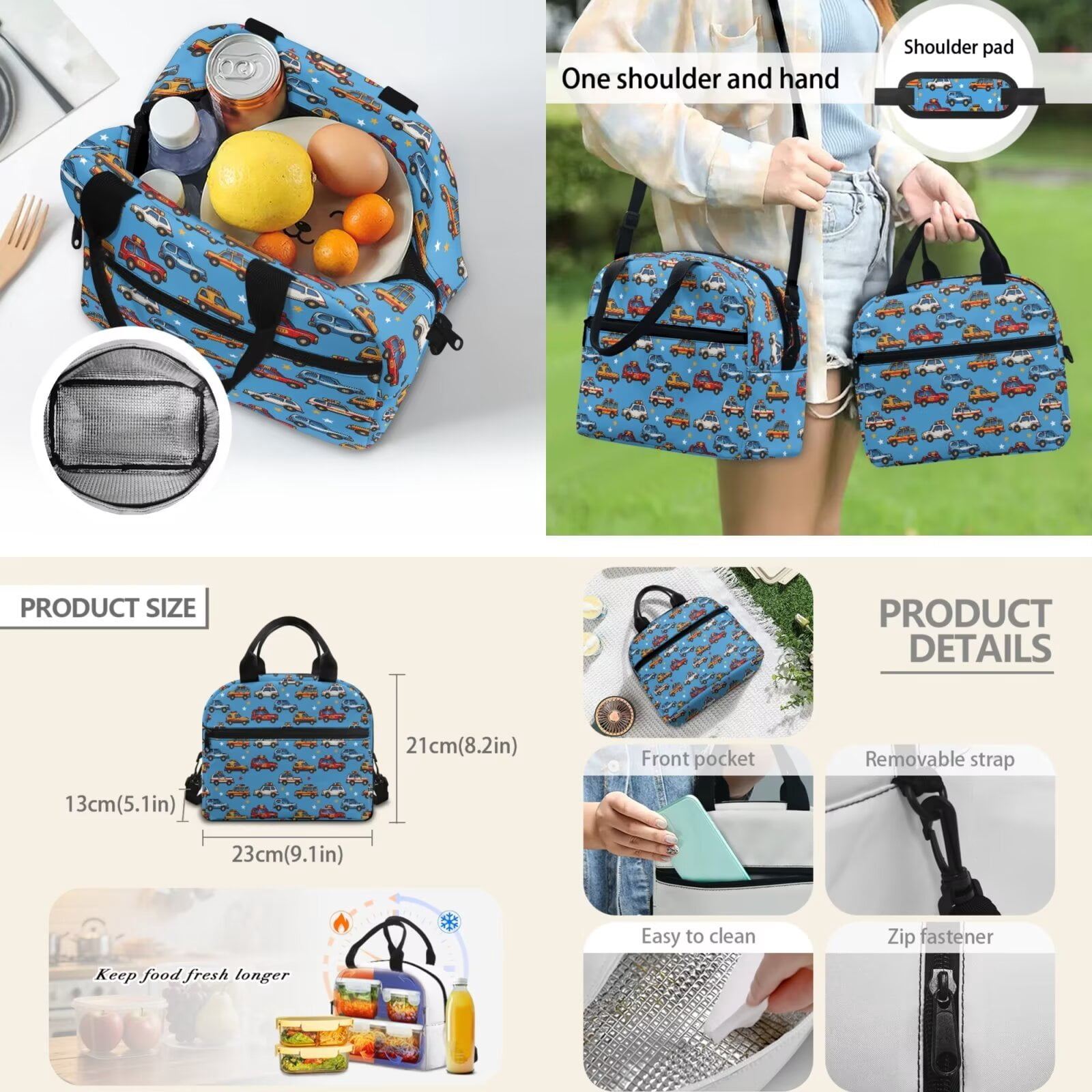 Pzuqiu Cartoon Car Print Back Pack for School Girls 4 pcs 17 Inch Kids Backpack Lunch Bag with Pencil Case,Cute Travel Rucksack Camping Schoolbag for Teens Middle School