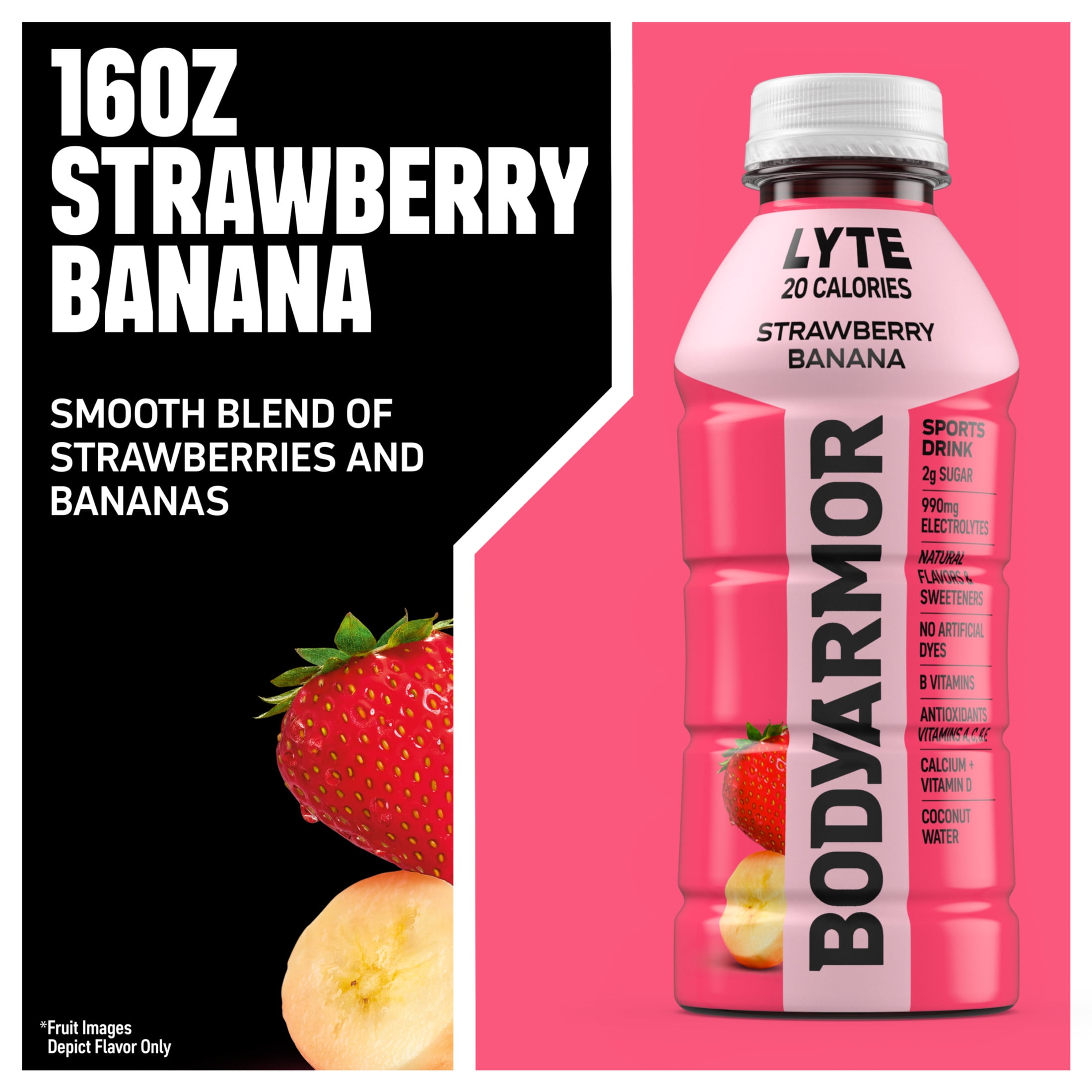 BODYARMOR Lyte Strawberry Banana Electrolyte Sports Drink, 16 fl oz, 12 Pack Bottles