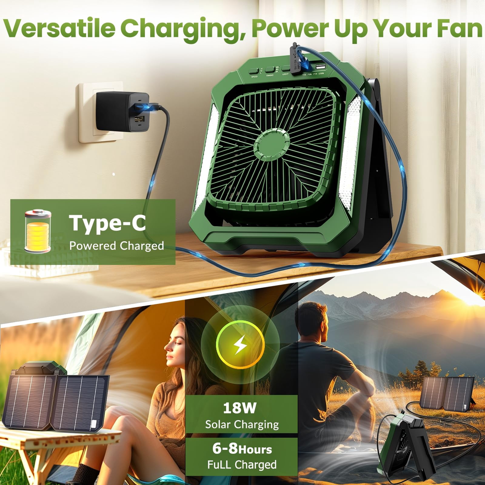 Veubew Camping Fan with LED Lantern, 26800mAh Portable Rechargeable Outdoor Fan with 18W Detachable Solar Panel, Battery Powered Desk Fan for Travel, Hiking, Fishing, Picnic, Green