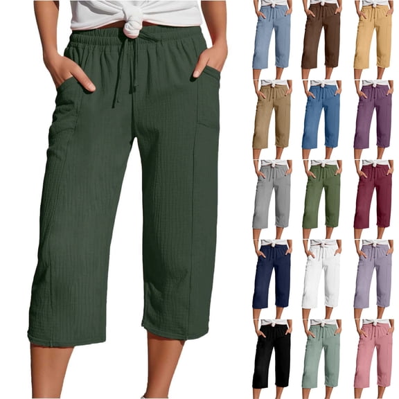 100%Cotton Women's Capri Pants Summer Athletic Casual Drawstring Solid Color Elastic Waisted Workout Straight Leg Sweatpants With Pockets
