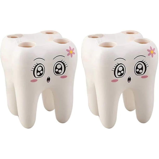 Soporte para cepillo de dientes de dibujos animados, 2 uds., soporte para cepillo de dientes con 4 orificios en forma de diente para baño de niños (blanco)
