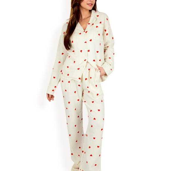 Women's Heart Print 2-Piece Pajama Set with Long Sleeve Button-Up Top and Relaxed Fit Pants - Small, White